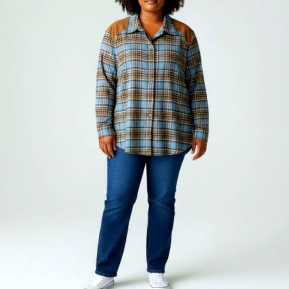 Norton McNaughton Plaid Shacket Shirt Blue Tan Faux Suede Shoulder 3X Cozy - Picture 12 of 13